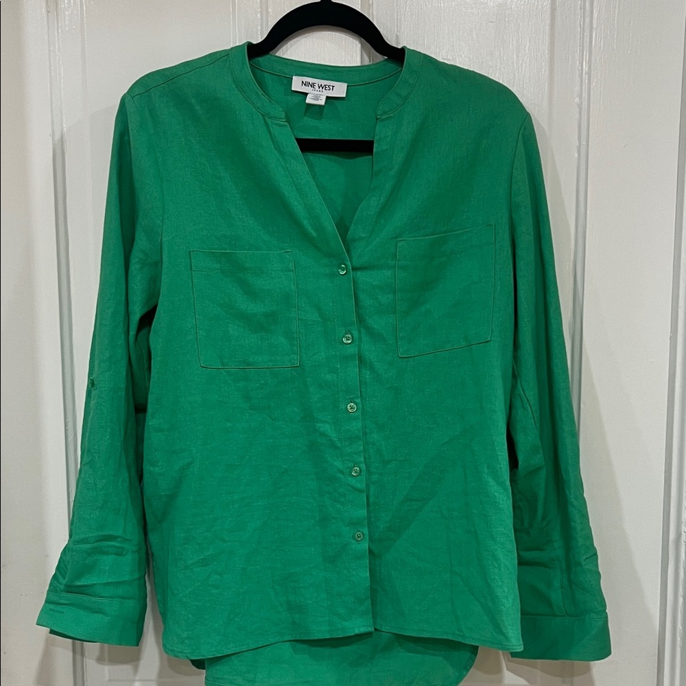 Nine West Vibrant Green Button Down Shirt